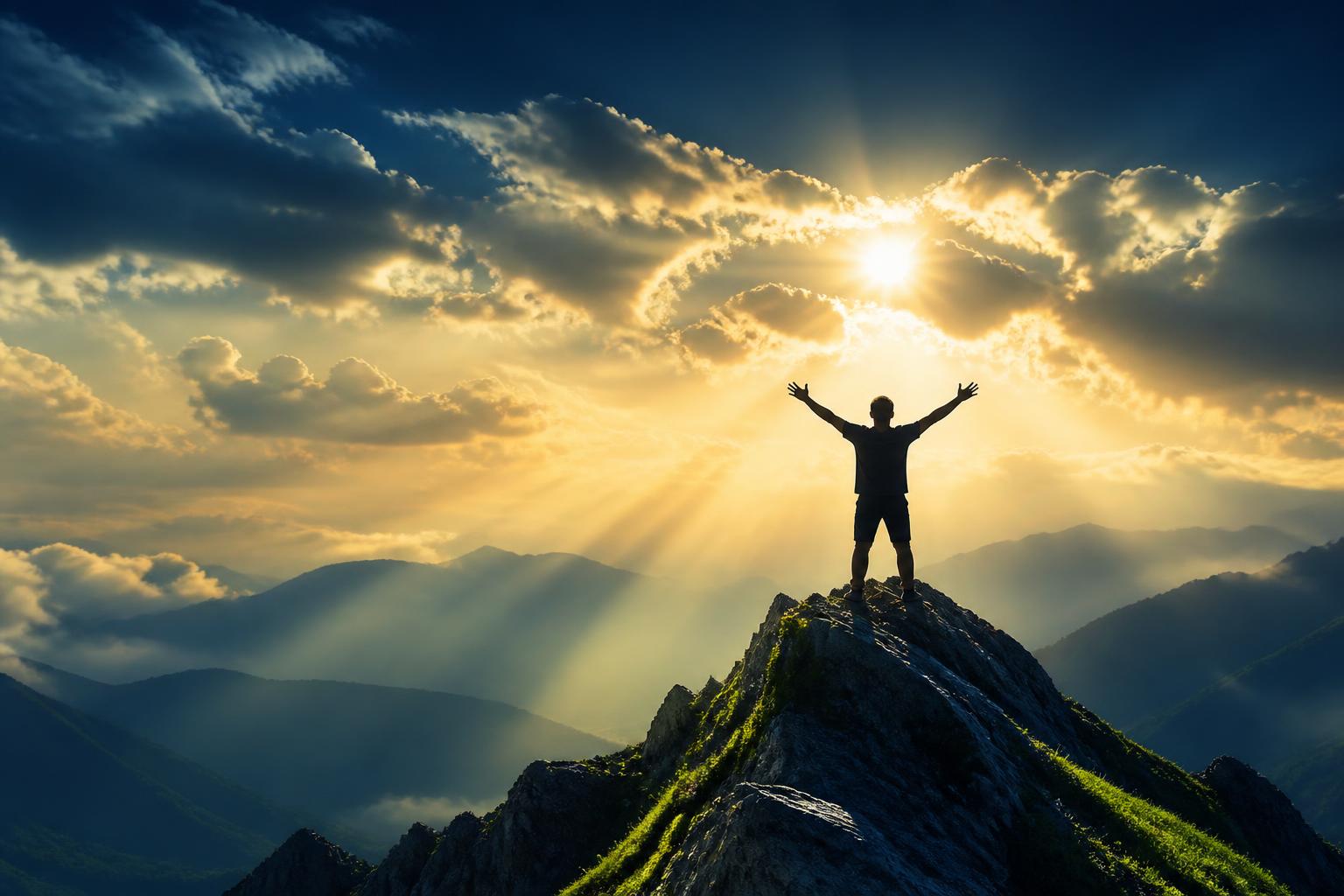 A person standing on a mountain summit at sunrise with arms raised, rays of golden light breaking through the clouds, symbolising power, hope and triumph in recovery