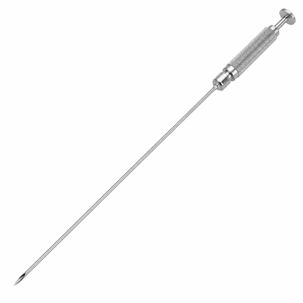 Long, slim hollow liver biopsy needle with a sharp bevel tip and handle grip