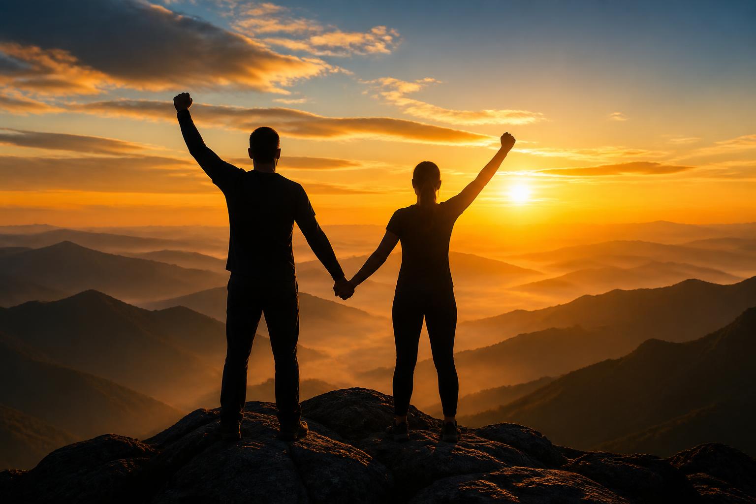 Silhouettes of a man and woman standing together on a mountain summit at sunrise, facing the sun with arms raised and hands joined, celebrating recovery and new beginnings