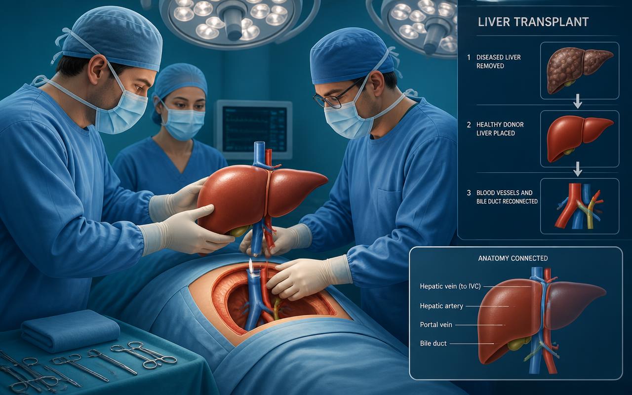 Medical illustration of a surgical team performing a liver transplant, with diagrams of the donor liver and reconnected blood vessels