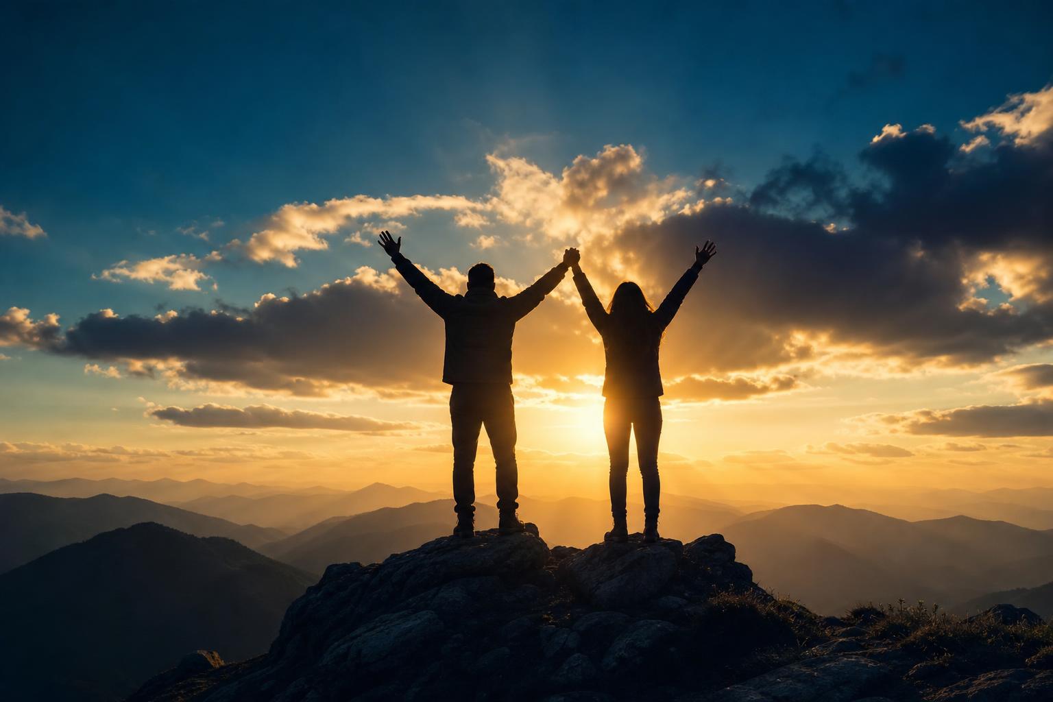 A man and woman standing together on a mountain summit at sunrise with arms raised and hands joined, rays of golden light breaking through the clouds, symbolising shared power, hope and triumph in recovery